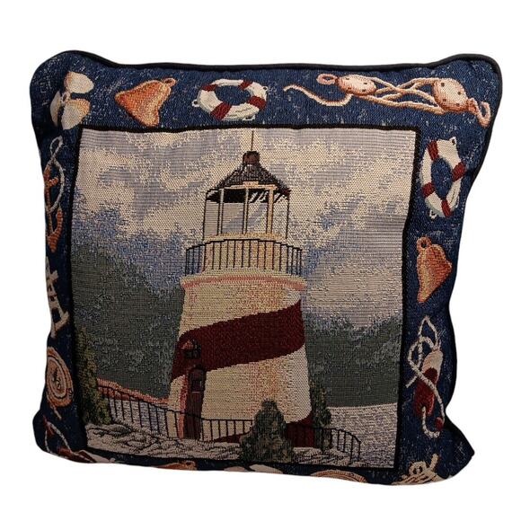 Lighthouse & Nautical Coastal Scene Mohawk Home Vtg Pillow Blue Burgundy 15" USA - Picture 1 of 6